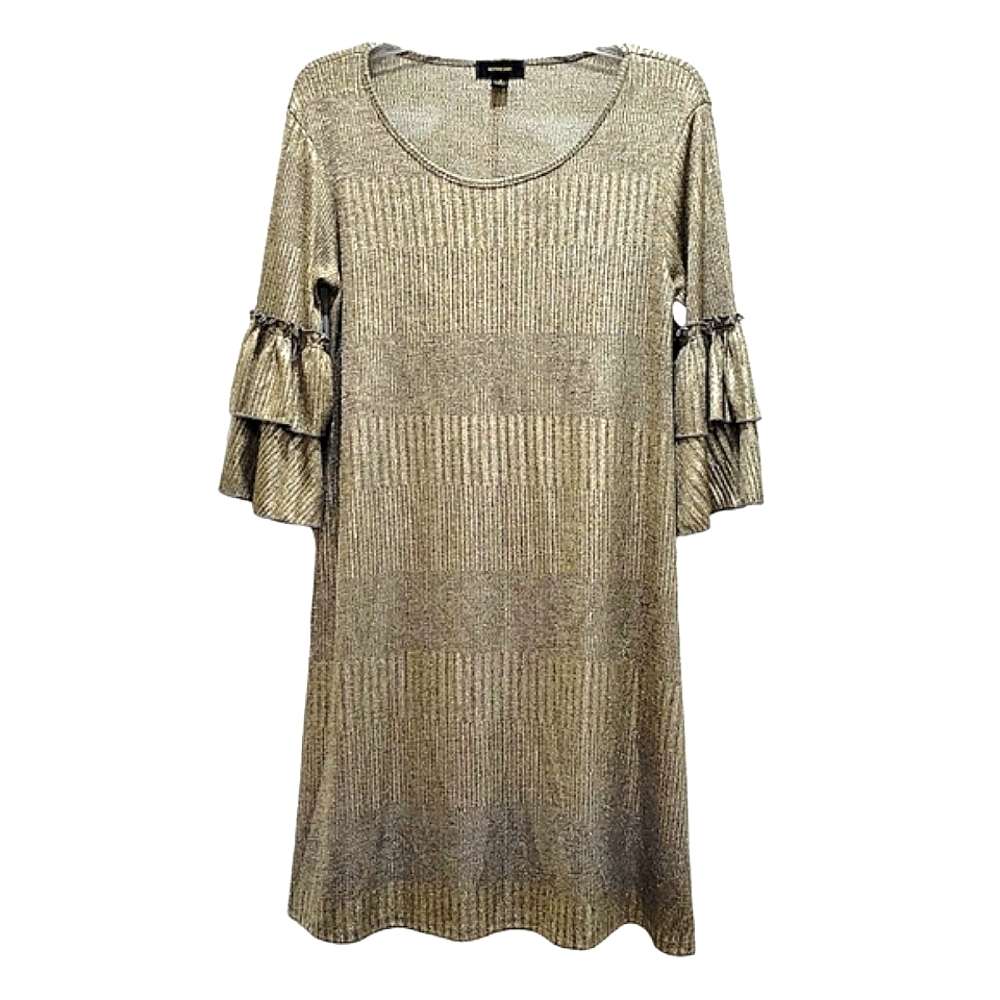 Espresso Gold Knit 3/4 Sleeve Dress With Gold Metalic Flecks Size S EUC